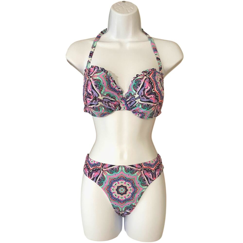 Victoria's Secret Halter Bikini Swim Set 34DD Top Sz L Bottom Underwire Paisley